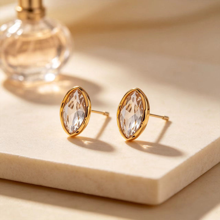 Irregular Bezel Set Marquise Diamond Stud Earrings, Minimalist Luxury Oval Cut Diamond Earrings, Gold & Silver Two Tones Available