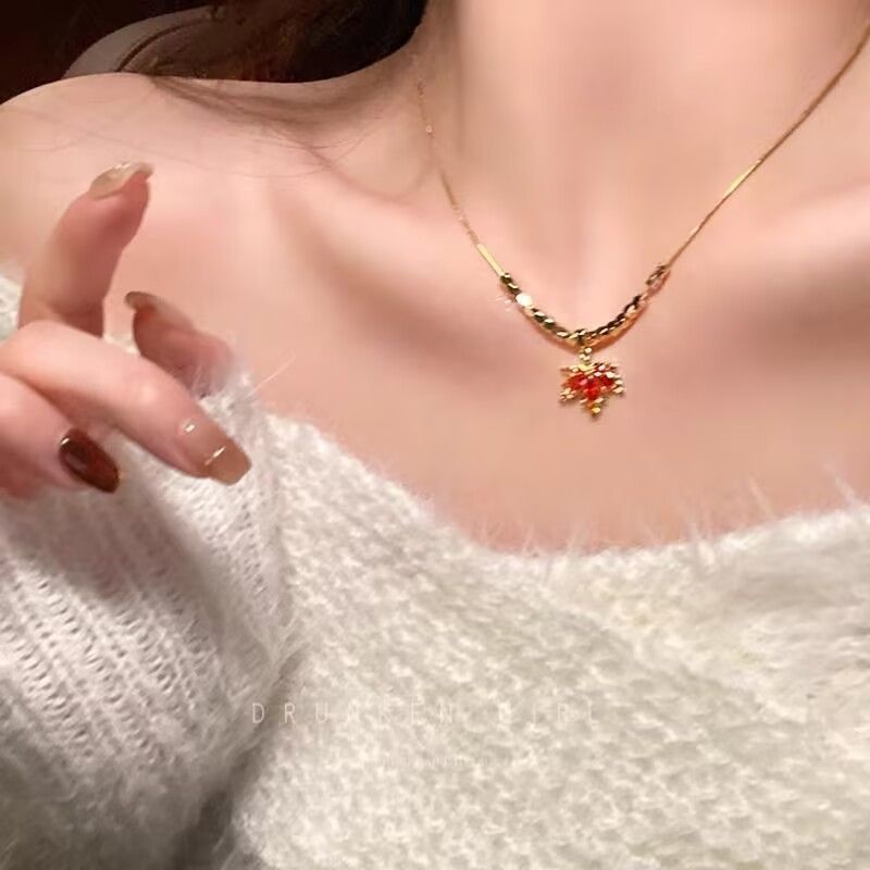 Red Diamond Maple Leaf Pendant Necklace