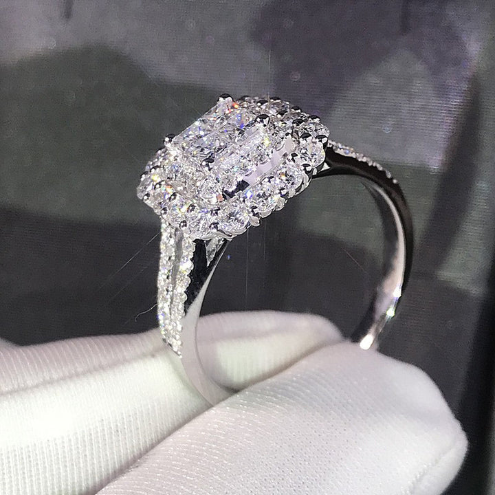 Emerald Cut Halo Paved Ring, Gold & Silver Luxury Double Shank Engagement Wedding Band for Women