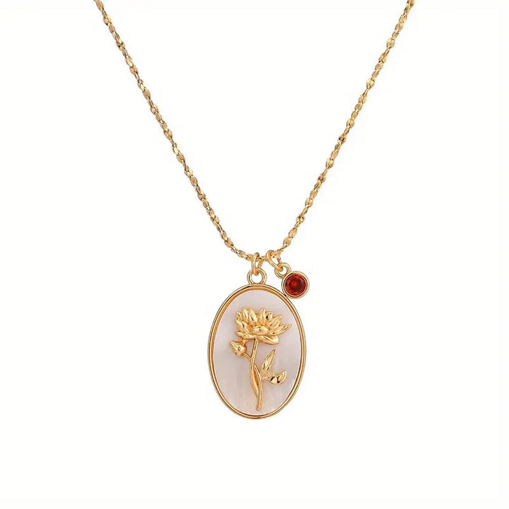 Mother-of-Pearl Carnation Birthstone Necklace (Gentle Gold Tone Pendant)