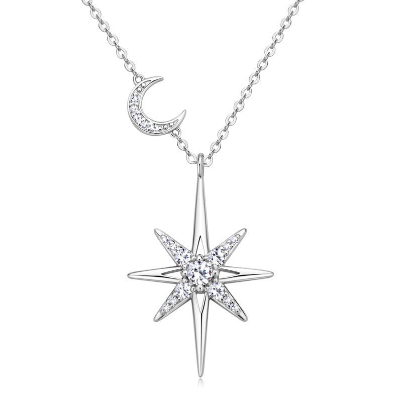 8-Point Star & Crescent Moon Dual Pendant Necklace, Gold Silver Two-Tone Luxury Women Choker