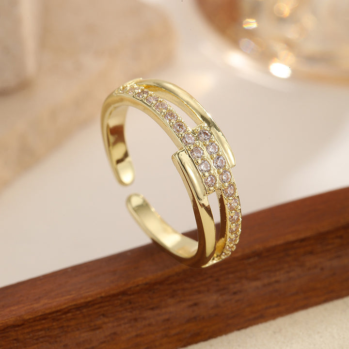 Double Layer Pave Cross Open Ring (2 Colors Delicate Adjustable Band)
