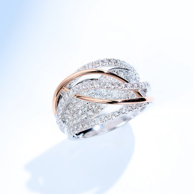 Two-Tone Intertwined Pave Diamond Wide Ring, S925 Silver Multi-Layer Crossing Statement Band For Women