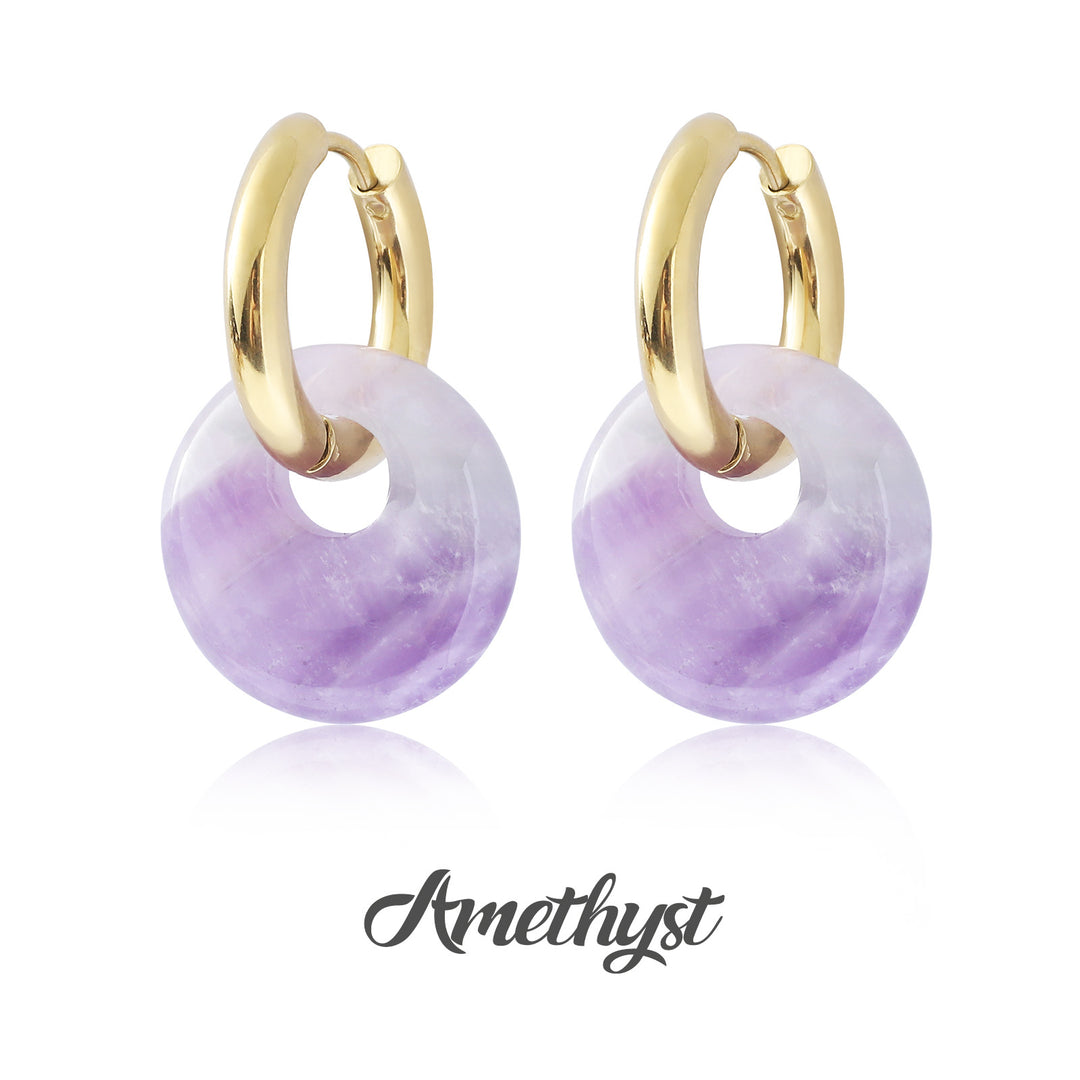 Multi-Color Natural Stone Donut S925 Silver Hoop Earrings, Gold Interlocking Geometric Huggie Earrings, Minimalist Dangle Earrings for Women, 9 Stone Options