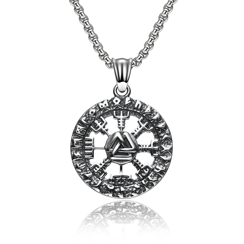 Viking Rune Compass Pendant Necklace (Unisex Vintage Titanium Steel Chain)