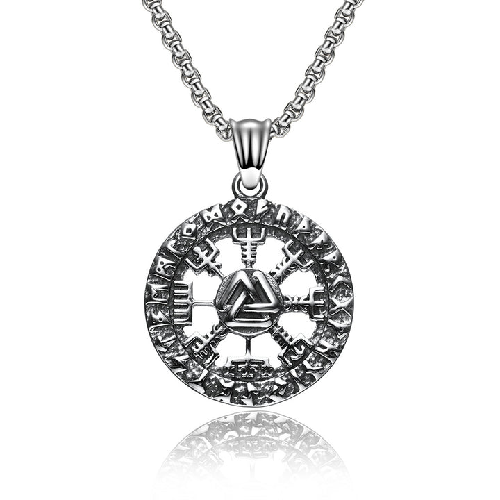 Viking Rune Compass Pendant Necklace (Unisex Vintage Titanium Steel Chain)