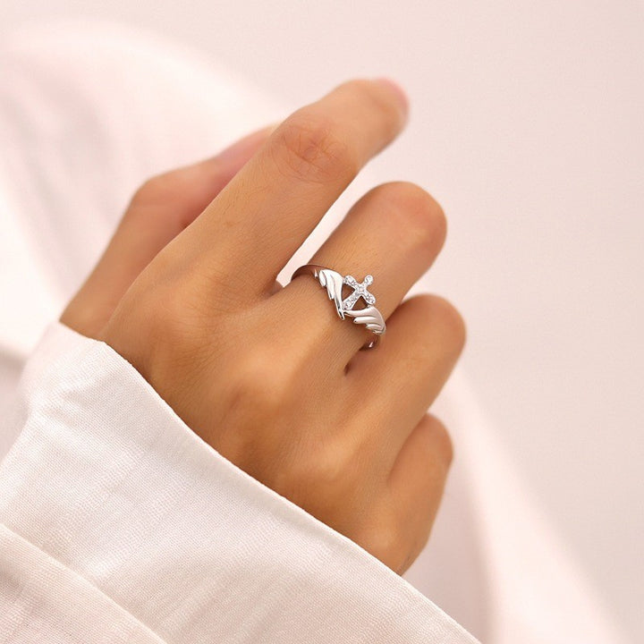 S925 Silver Angel Wing Diamond‑Set Cross Ring, Two‑Tone Faith‑Inspired Ring for Women