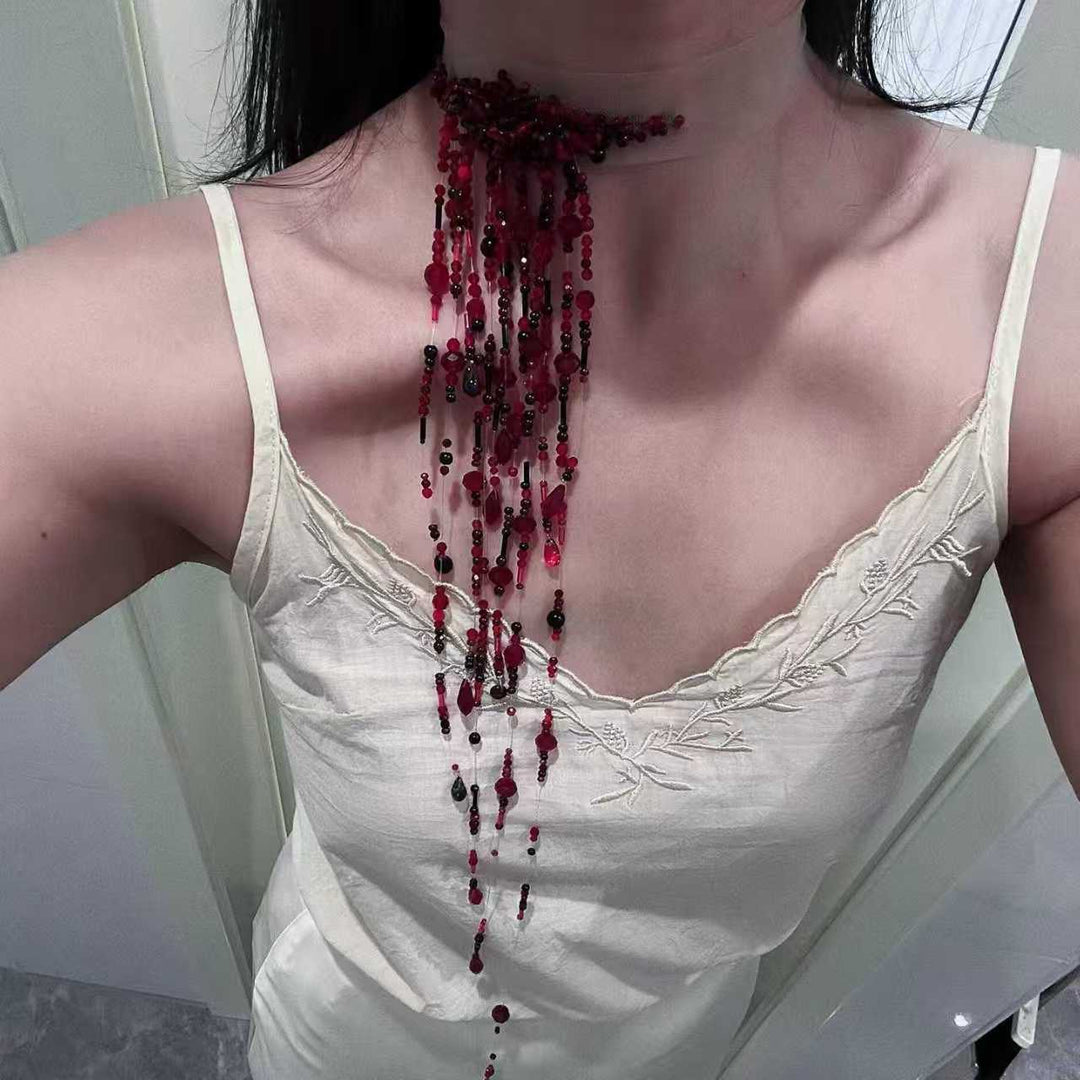 Choker Burgundy Multi-Layer Beaded Tassel Choker