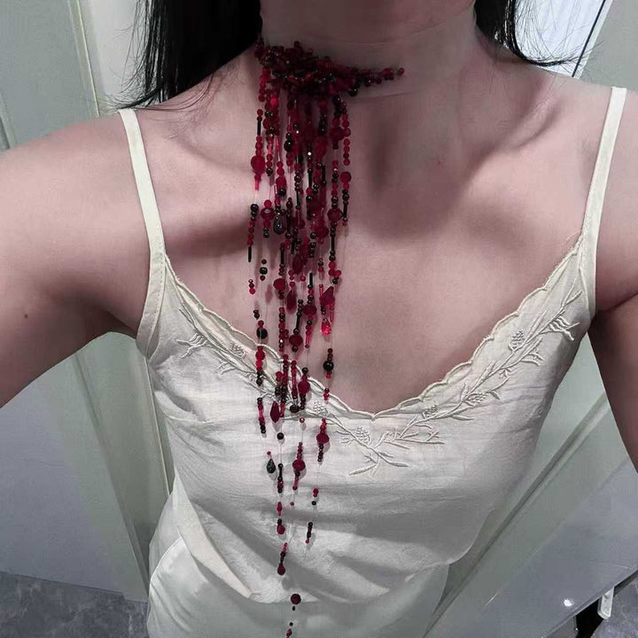 Choker Burgundy Multi-Layer Beaded Tassel Choker