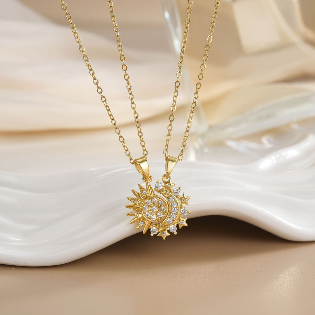 Detachable Sun & Moon Couple Necklaces, Multi-Color Paved Diamond Split Star Moon Pendant Dainty Clavicle Necklace