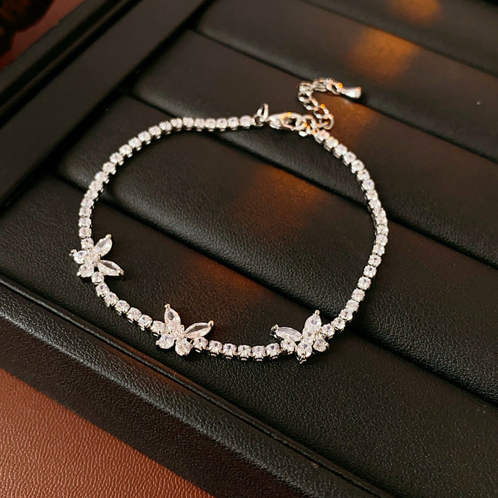 Three‑Butterfly Pave Diamond Tennis Bracelet, Marquise Cut Diamond Butterfly Dainty Women Bracelet, Gold & Silver Tone, Clear & Purple Diamond Available