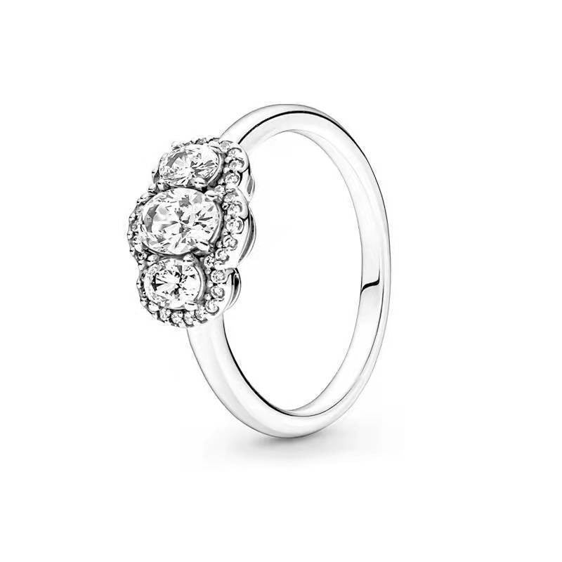 Three‑Stone Oval Halo Ladies Ring, Two‑Color Options