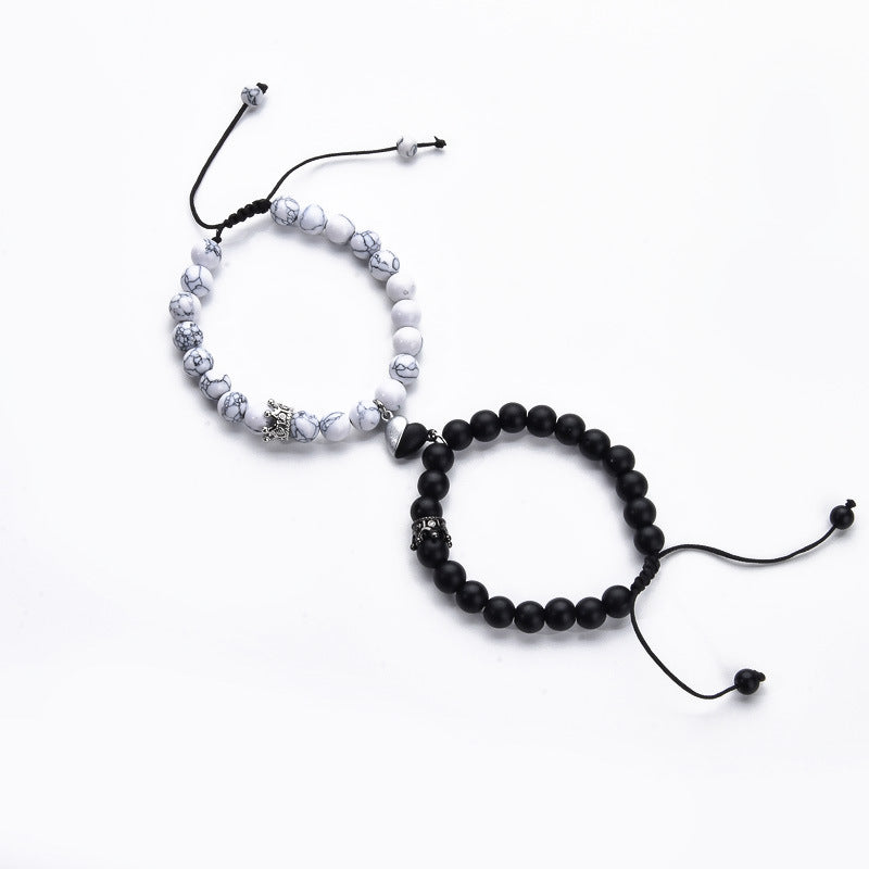 Magnetic Heart Couple Bracelets with Agate Beads – Purple Love Stone Gift Set