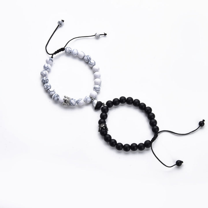 Magnetic Heart Couple Bracelets with Agate Beads – Purple Love Stone Gift Set