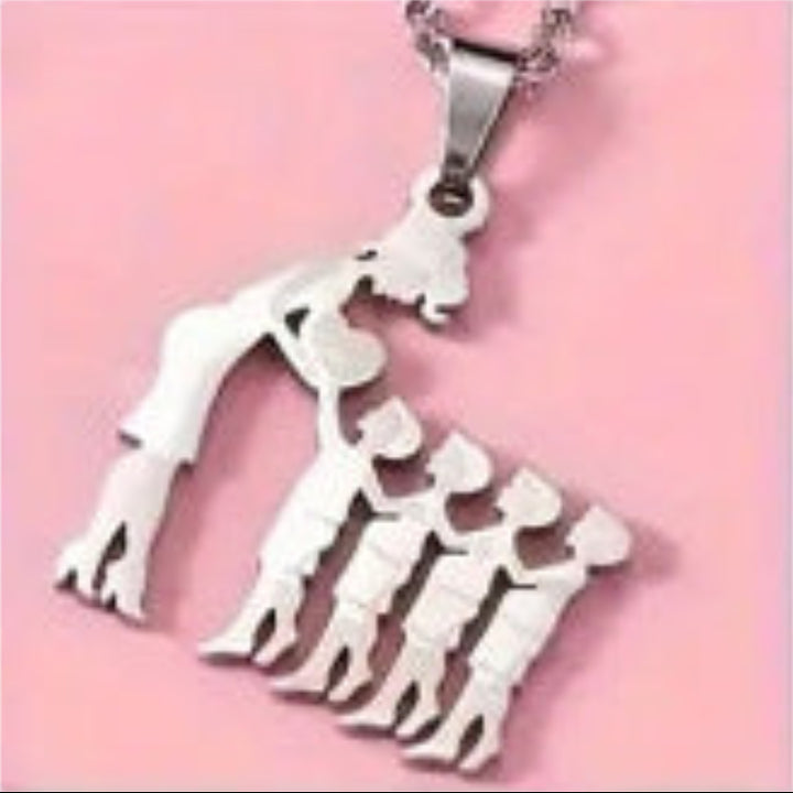 Mother & Kids Silhouette Pendant Necklace, 316L Titanium Steel Silver Plated Family Keepsake Necklace, Multiple Figures, Gold & Silver Family Jewelry