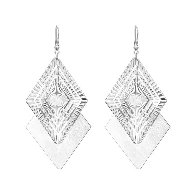 Double Layer Diamond Geometric Engraved Drop Earrings