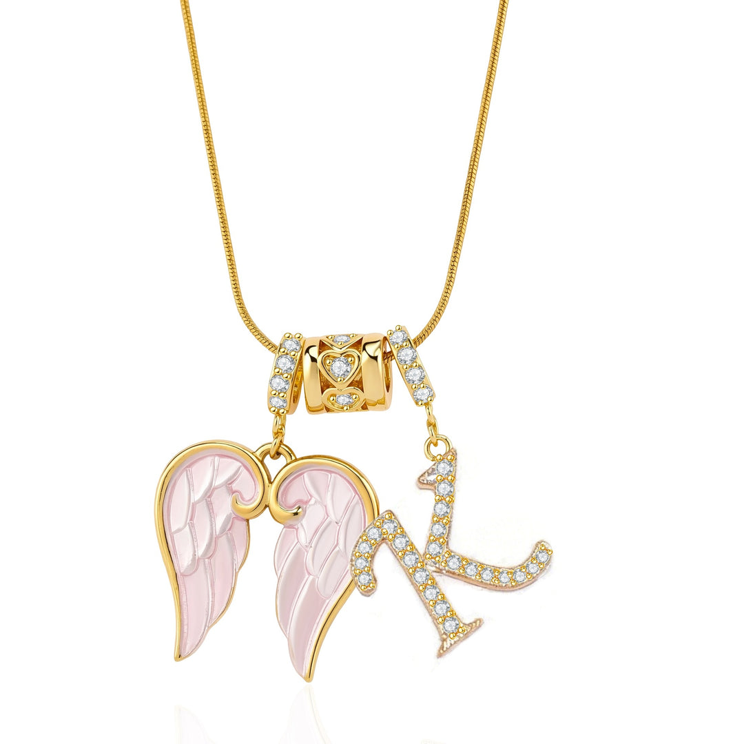 Pink Enamel Angel Wing Initial Necklace, Custom 26 Letters Gold Plated Diamond Pendant
