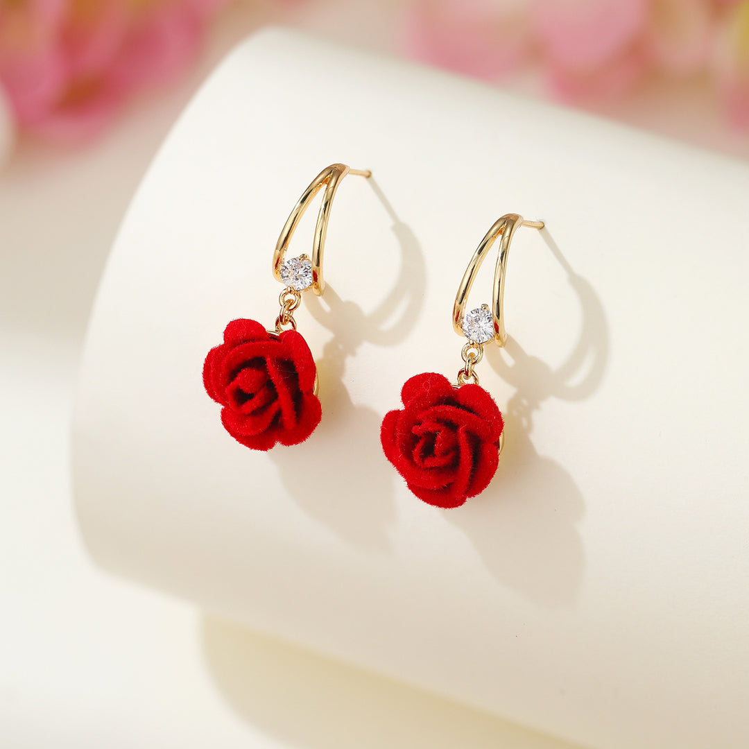 Flocking Rose Pearl Hook Earrings, Gentle Red & Pink Rose Diamond Long Dangle Earrings, Two Colors Available