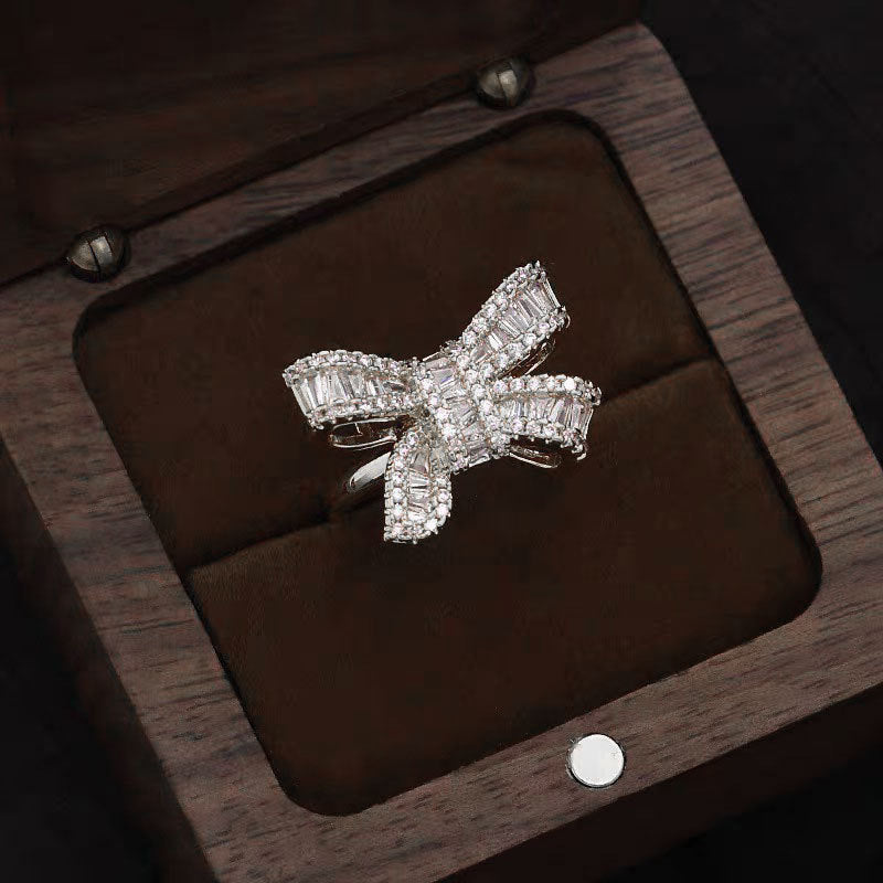 Baguette Full Diamond Bow S925 Silver Ring