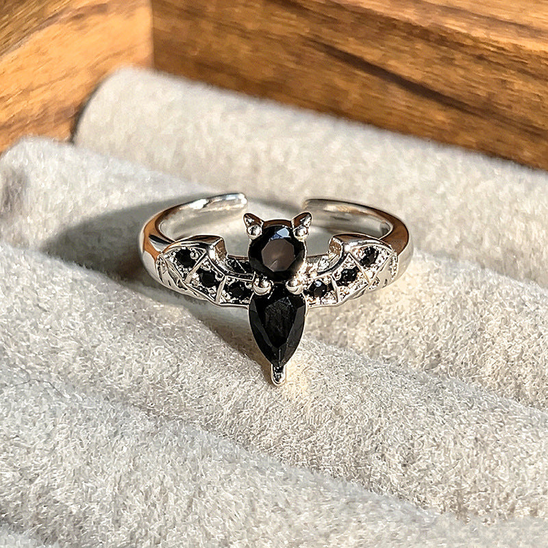 Dark Style Black Diamond Bat & Twisted Heart Open Rings, S925 Silver Alternative Adjustable Two-Style Band Set