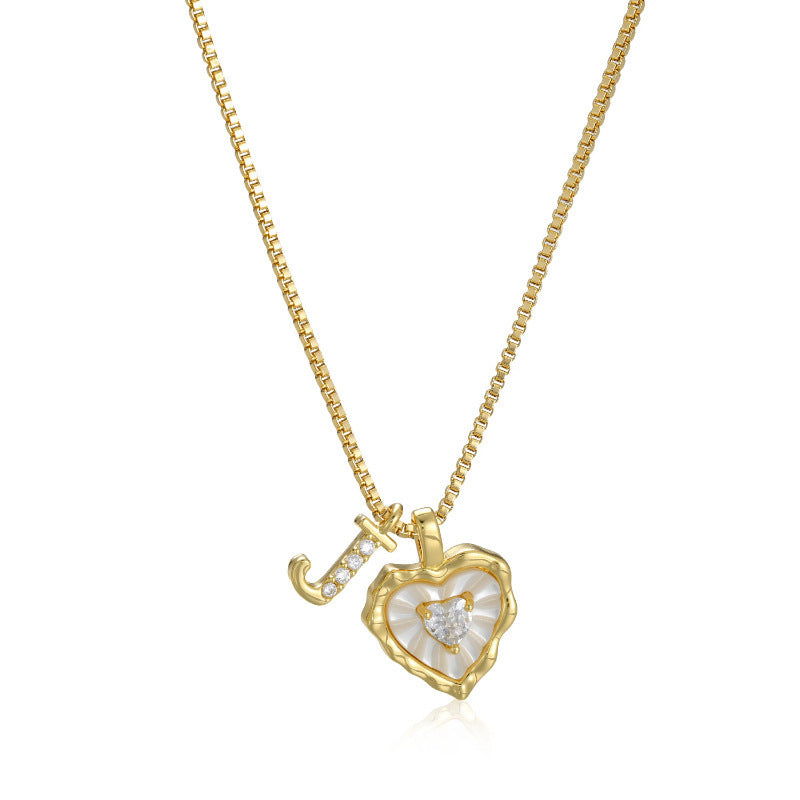 White Shell Heart Initial Necklace, Wavy Edge Mother of Pearl Pendant with Heart Diamond, Custom 26 Letters Gold Box Chain