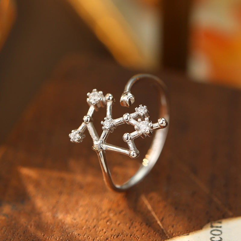 925 Silver Diamond-Inlaid 12 Constellations Open Adjustable Ring (Unisex Luxury Personalized Style)