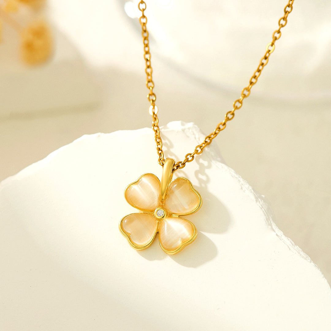 Cat's Eye Four-Leaf Clover Lucky Necklace, 2 Color Heart Petal 14K Gold Plated Choker