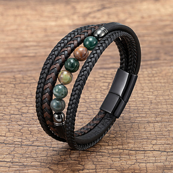 Natural Stone Beaded Braided Leather Men's Bracelet (Multi-Color Magnetic Clasp Wristband)