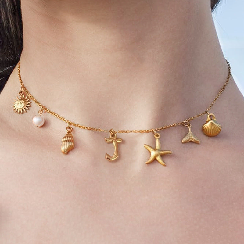 Ocean Vacation Multi-Charm Initial Choker, Starfish Shell Mermaid Tail Sun Pearl Custom Letter Thin Necklace for Women