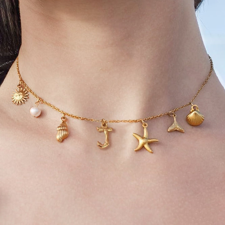Ocean Vacation Multi-Charm Initial Choker, Starfish Shell Mermaid Tail Sun Pearl Custom Letter Thin Necklace for Women