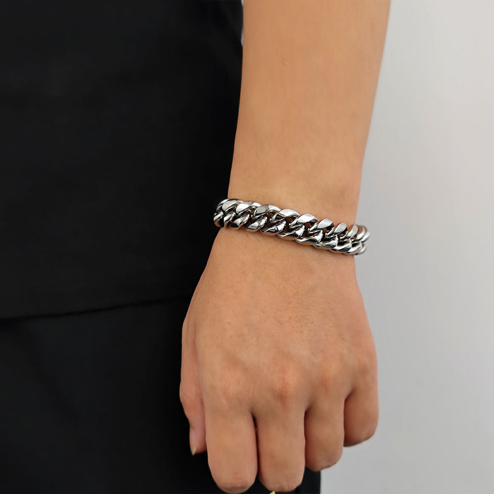 Wide Cuban Titanium Steel Bracelet, Gold Thick Chain Engraved Clasp Hip-Hop Tarnish Resistant Stylish Wristband