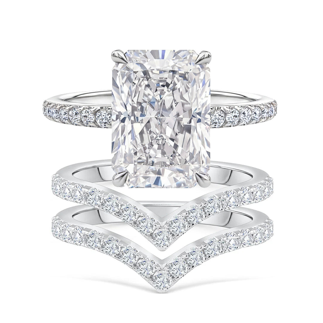 Ice Flower Cut & V-Shaped Pavé Wedding Ring Set (Luxury Classic Couple Bands)