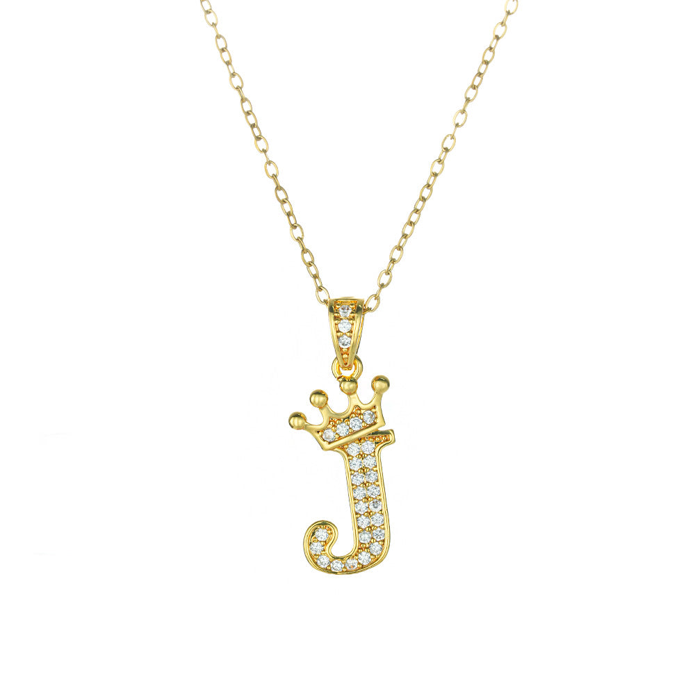 Crown Paved Diamond Initial Letter Necklace, 14K Gold Plated Personalized Dainty Chain, A-Z Available