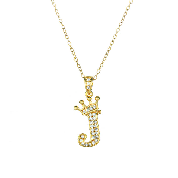 Crown Paved Diamond Initial Letter Necklace, 14K Gold Plated Personalized Dainty Chain, A-Z Available