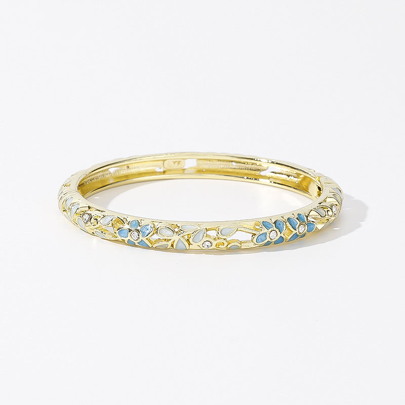 Hollow‑Out Enamel Floral Inlaid Diamond Spring‑Opening Bangle, Multi‑Color Options