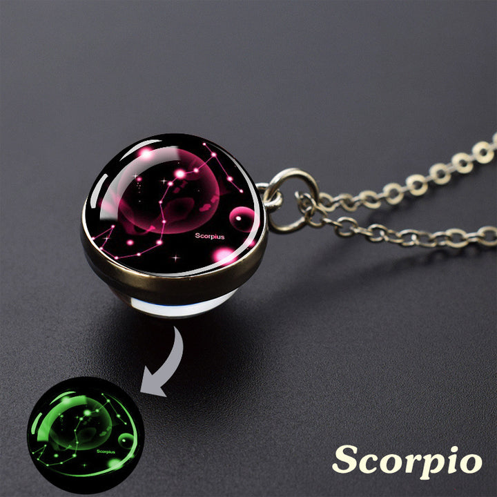 12 Constellations Double‑Sided Glass Ball Pendant Necklace