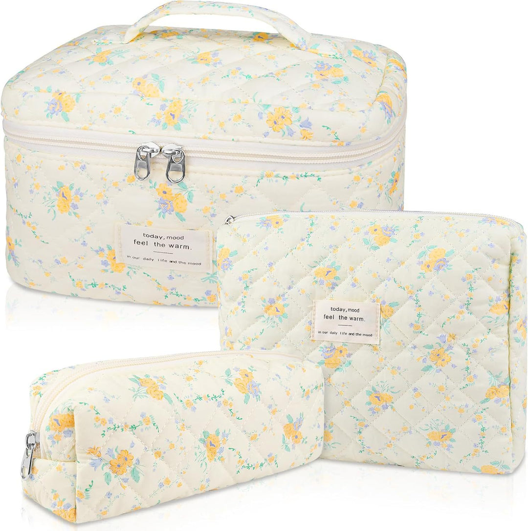 Floral Quilted 3-Piece Makeup Bag Set, Large Capacity Handheld Cosmetic Bag Portable Storage Pouch & Pencil Case Kit