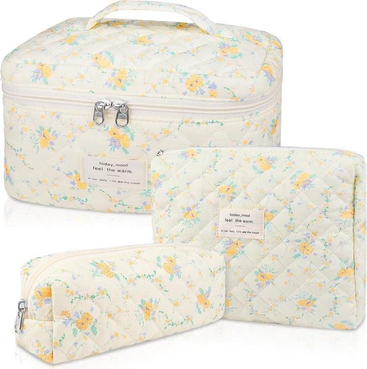 Floral Quilted 3-Piece Makeup Bag Set, Large Capacity Handheld Cosmetic Bag Portable Storage Pouch & Pencil Case Kit
