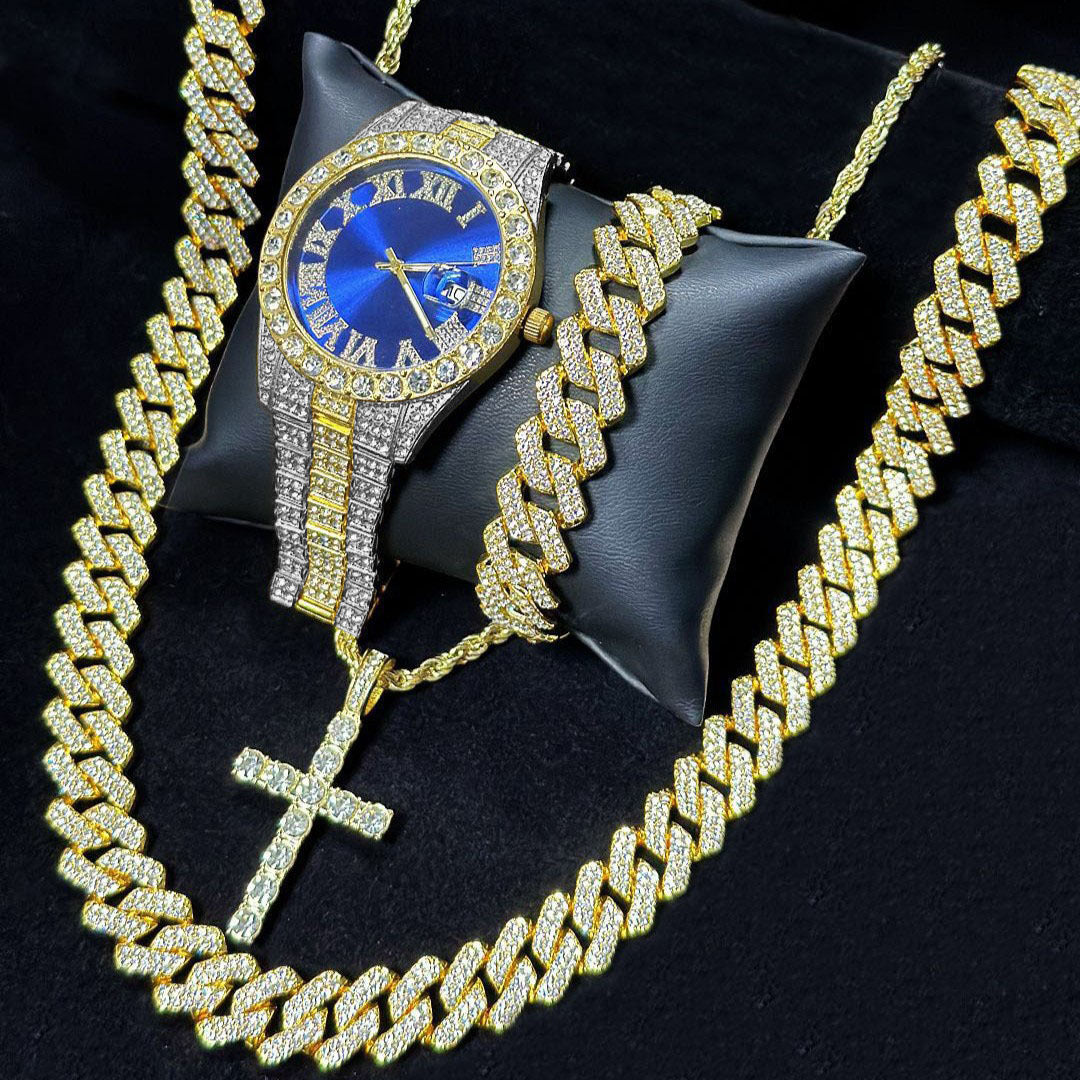 Men's Iced Out Jewelry 4-Piece Set, Hip Hop Diamond Watch with Calendar + Cuban Bracelet + Cross Pendant Necklace Gift Set