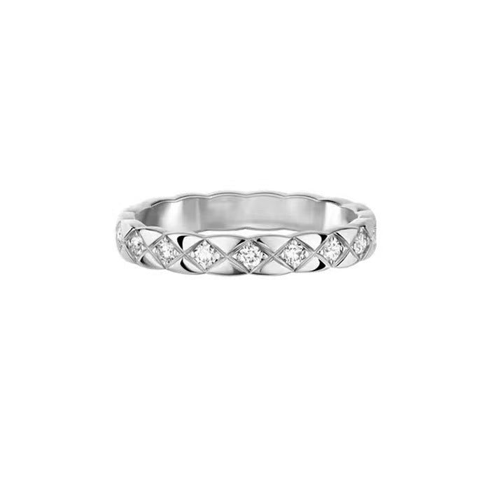 Classic Quilted Pattern Silver Ring, Plain & Paved Diamond Luxury Versatile Band Ring
