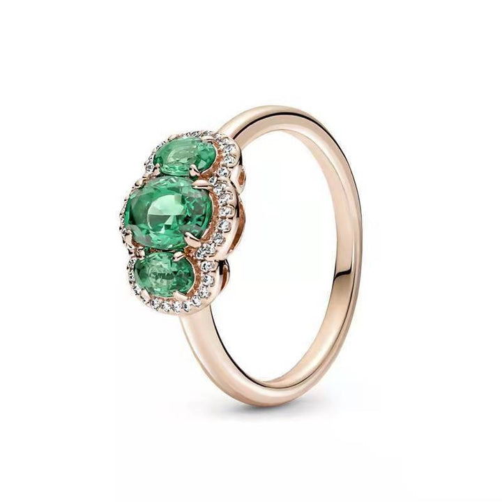 Three‑Stone Oval Halo Ladies Ring, Two‑Color Options