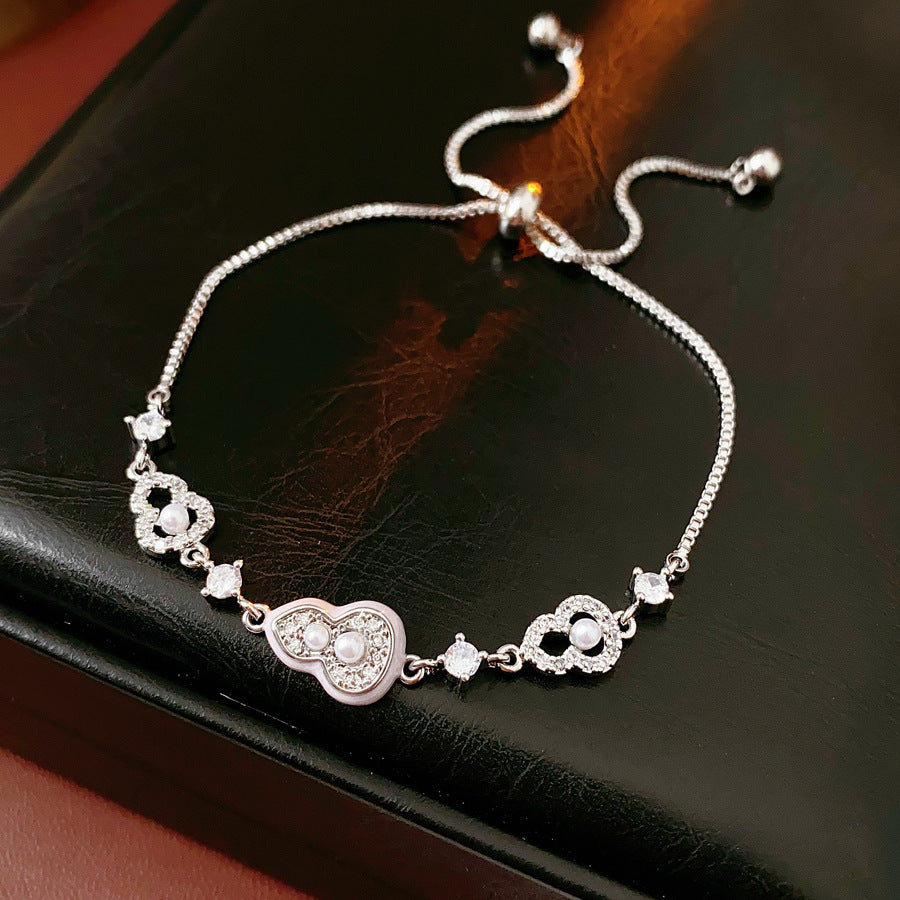 New Chinese Style Red Enamel Gourd & Clover S925 Silver Bracelet, Pearl & Diamond Adjustable Slider Bracelet for Women