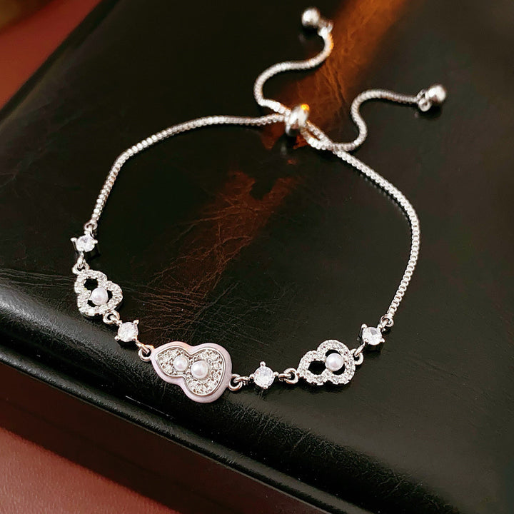 New Chinese Style Red Enamel Gourd & Clover S925 Silver Bracelet, Pearl & Diamond Adjustable Slider Bracelet for Women