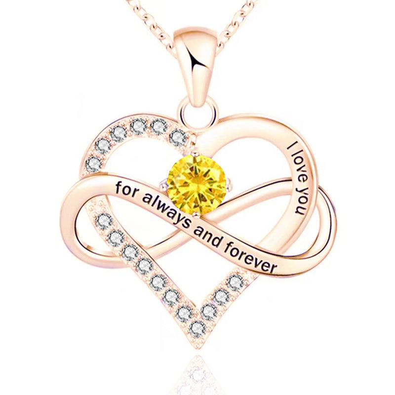 Infinity Intertwined Heart Engraved Birthstone Necklace, Eternal Love Heart Pendant Clavicle Chain with Birthstone