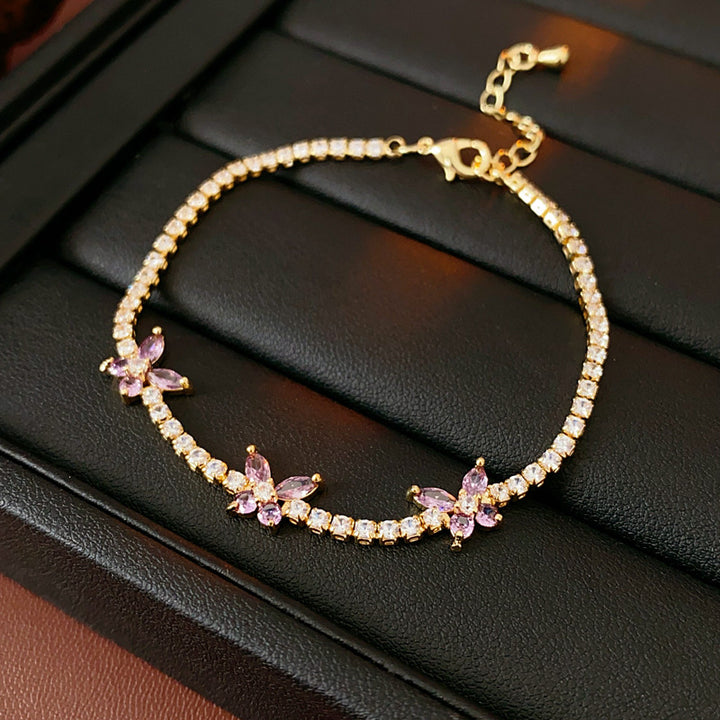 Three‑Butterfly Pave Diamond Tennis Bracelet, Marquise Cut Diamond Butterfly Dainty Women Bracelet, Gold & Silver Tone, Clear & Purple Diamond Available