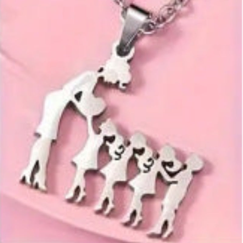 Mother & Kids Silhouette Pendant Necklace, 316L Titanium Steel Silver Plated Family Keepsake Necklace, Multiple Figures, Gold & Silver Family Jewelry