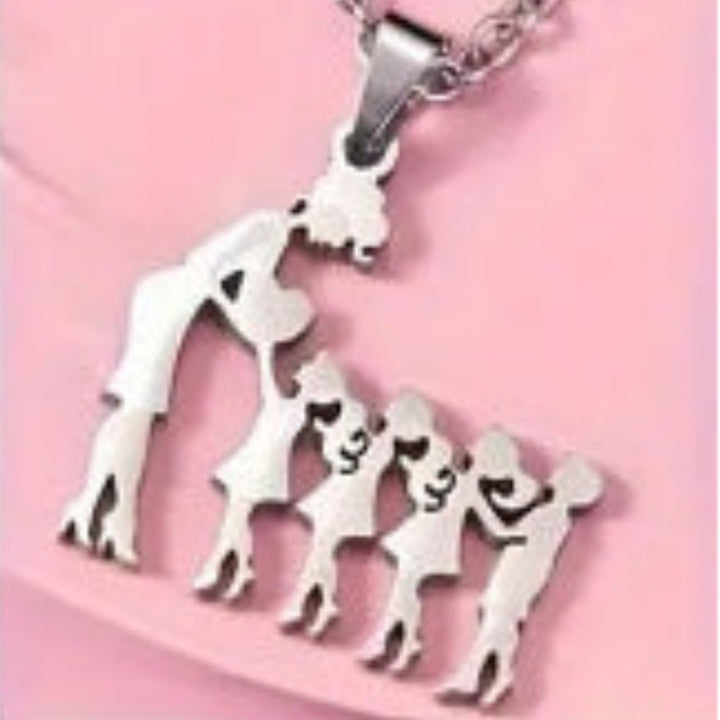 Mother & Kids Silhouette Pendant Necklace, 316L Titanium Steel Silver Plated Family Keepsake Necklace, Multiple Figures, Gold & Silver Family Jewelry