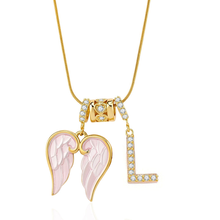 Pink Enamel Angel Wing Initial Necklace, Custom 26 Letters Gold Plated Diamond Pendant