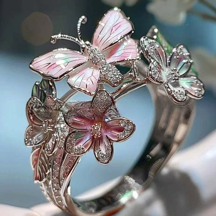 Enamel Butterfly & Flower 3D Open Ring, 3-Tone Vintage Forest Style Paved Diamond Artistic Statement Ring for Women