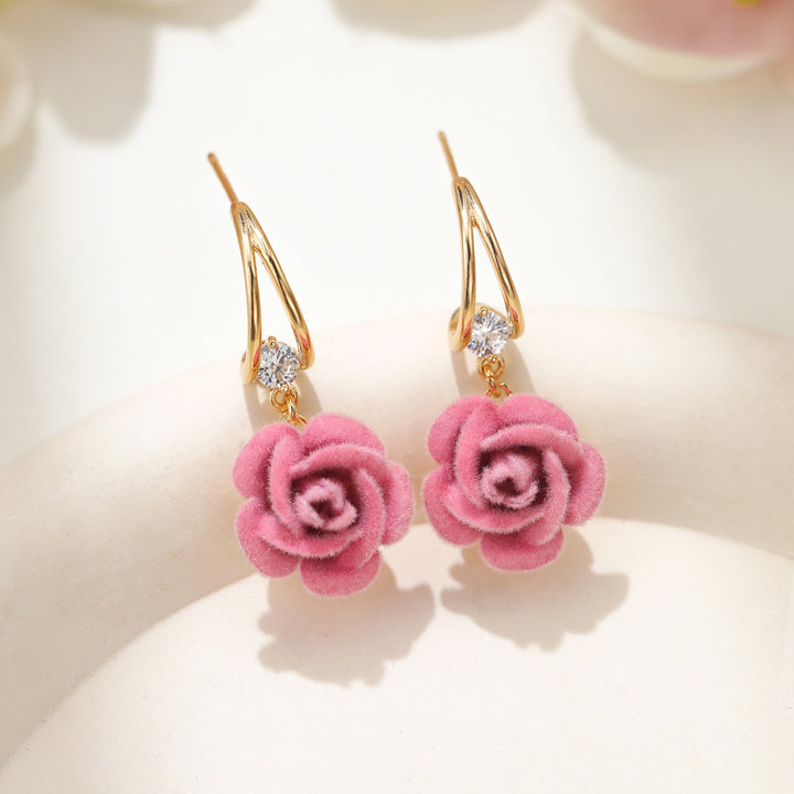 Flocking Rose Pearl Hook Earrings, Gentle Red & Pink Rose Diamond Long Dangle Earrings, Two Colors Available